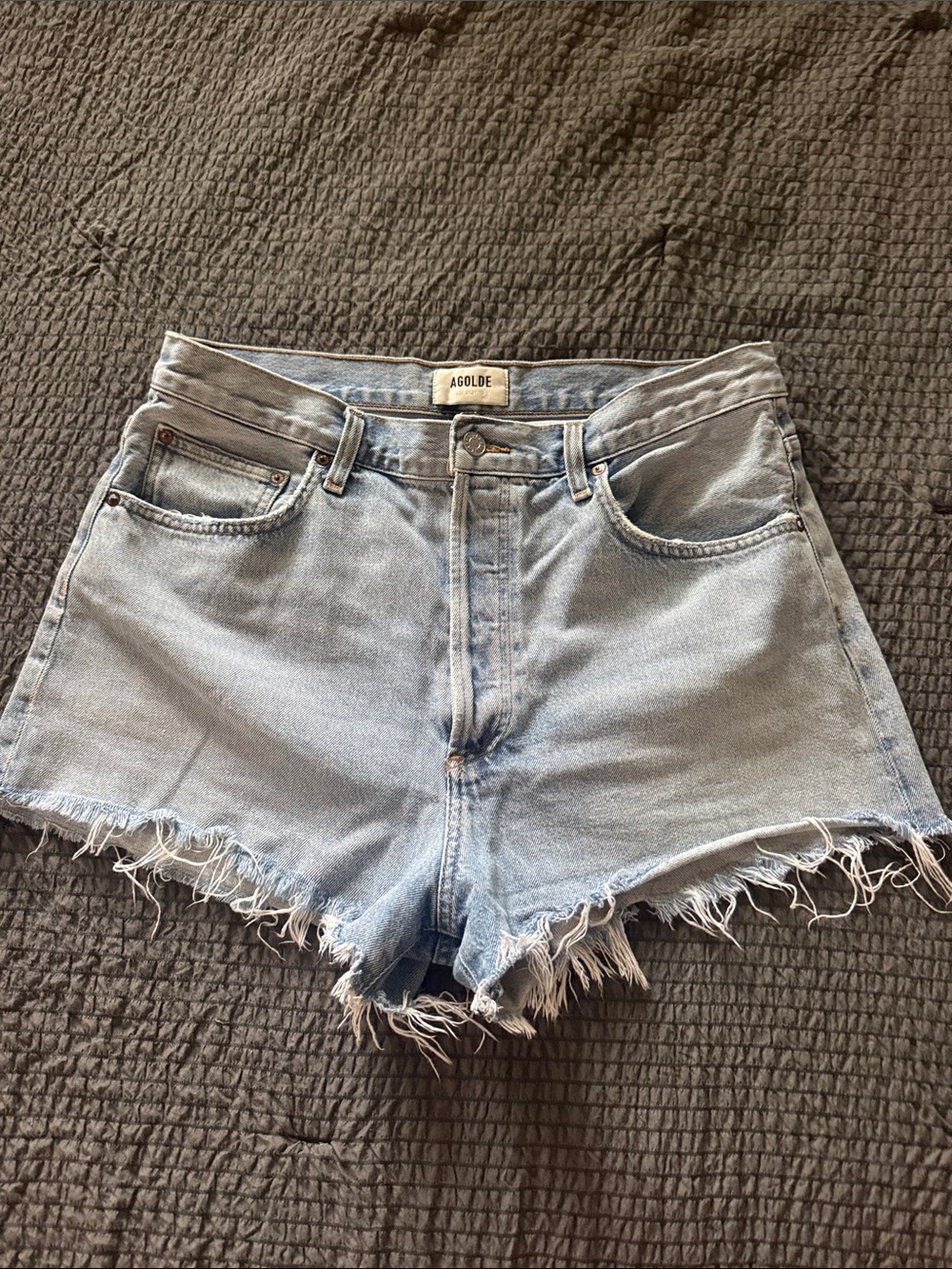 Agolde Light Wash Frayed Hem Denim Shorts